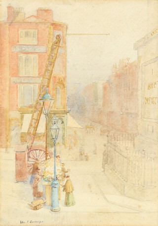 Ida F Carnegie, watercolour, townscape with flower sellers and figures, signed 25cm x 18cm 