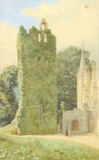 Edwardian watercolour unsigned, Irish view of a ruined church 24cm x 15cm 
