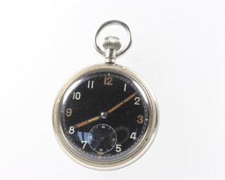 An Army issue metal cased pocket watch with seconds at 6 o'clock and black dial contained in a 50mm case, no.3355753 