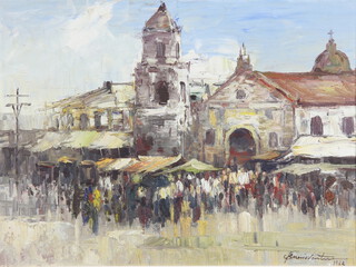 Cesar Buenaventura 1964 (1919-1983), oil on board, signed and dated, Continental market scene with figures 43cm x 59cm 