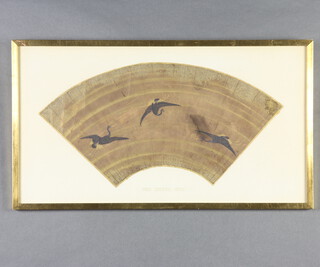 19th Century Japanese fan decorated herons, framed 26cm x 48cm, inscribed Iwa Enogu 