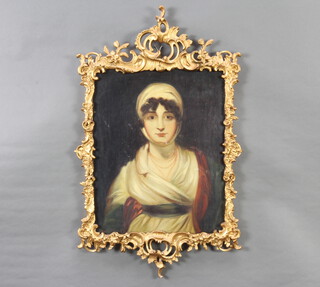 Naive oil on board unsigned, study of a young lady wearing pearl necklaces, inscribed en verso Portrait of Mrs Sara Siddens born 1755 died 1831, contained in a roroco scroll frame 48cm x 38cm  