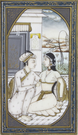 19th Century Indian watercolour on mica, study of a lady and gentleman on a pavilion terrace 11cm x 6cm 