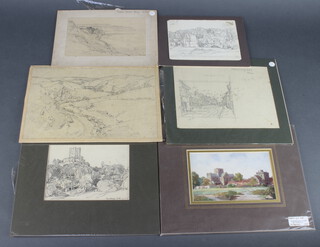 Leonard Squirrell (1893-1979), pencil sketch "Robin Hoods Bay" unframed 12cm x 19cm, ditto ruined church, extensive landscape, street scene and castle study, together with a mounted print, minor related books