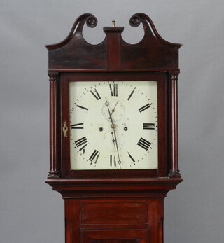 Robert Hood of Blandford, a Victorian 8 day striking longcase clock, the 33cm square painted dial with Roman numerals, steel hands, subsidiary second hand and calendar dial, striking on a bell, the 12cm brass back plate marked Hood Blandford 1847, contained in a mahogany case complete with weights, key and pendulum 209cm h x 47cm w x 23cm d 