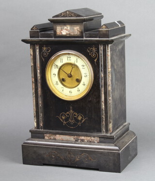 A French 19th Century 8 day striking mantel clock with enamelled dial and Arabic numerals contained in a black and grey marble architectural case 41cm x 28cm x 15cm, complete with pendulum (no key) 