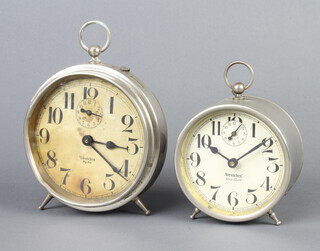 Westclox, a Big Ben alarm clock with paper dial (stained and with dents) and alarm dial contained in a chrome case 12cm x 6cm together with a ditto sleep-meter with paper dial, alarm dial and Arabic numerals 10cm x 7cm in a chrome case 