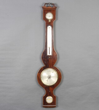 C Thorneloe, a 19th Century mercury wheel barometer and thermometer contained in a shaped inlaid mahogany case with damp/dry indicator, thermometer and spirit level 91cm h x 21cm 
