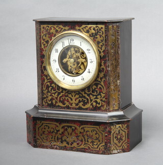A Continental mantel timepiece with visible escapement and movement, enamelled chapter ring, Roman numerals, contained in a red boulle case, complete with pendulum and key  27cm h x 24cm w x 12cm d   