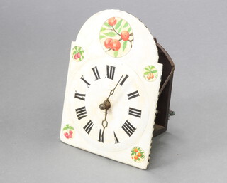 A Continental striking on bell wall clock, the arched painted dial decorated fruit and with Roman numerals, complete with pendulum (no weight)  39cm x 28cm 