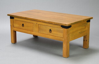 An Eastern hardwood rectangular coffee table fitted 4 drawers, raised on square tapered supports 46cm h x 110cm w x 60cm d 