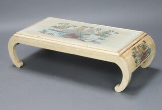 A 1930's Chinese white painted and carved hardwood opium style coffee table 28cm h x 100cm w x 44cm d  