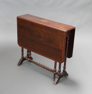 An Edwardian inlaid mahogany Sutherland table raised on turned supports 69cm h x 76cm w x 21cm when closed x 100cm when open (split to top, veneer missing to edge) 