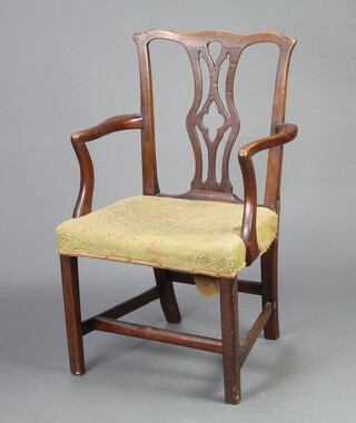 A Georgian mahogany Chippendale style chair (converted to a carver chair) 90cm h x 53cm w x 43cm d (seat 40cm x 30cm, old blacksmith's repair to both sides) 