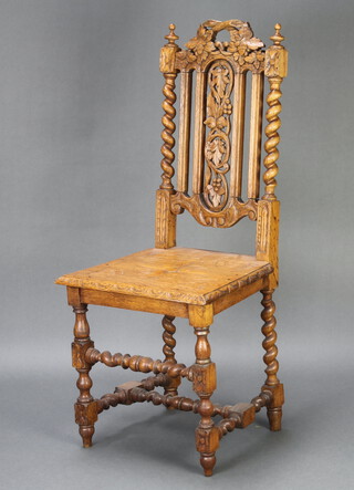 A Victorian carved light oak hall chair with columns to the sides, raised on turned and block supports 108cm h x 46cm w x 40cm d (seat 30cm x 29cm, frame loose)