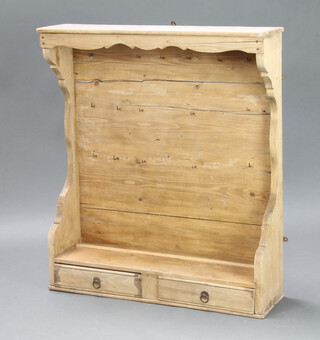 A 19th Century pine dresser back with moulded cornice, hooks and 2 drawers, 103cm h x 91cm w x 25cm d 
