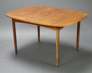 G-Plan, a mid Century teak extending dining table with concealed extra leaf, raised on turned supports 72cm h x 99cm w x 127cm l (ring marks, sun bleaching and light scratches to the top) 