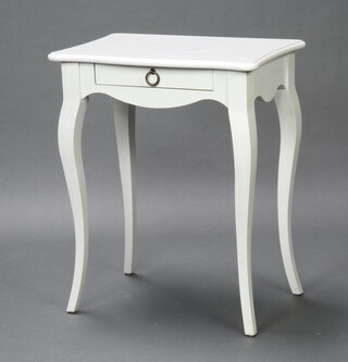 A French style white painted occasional table of serpentine outline fitted a drawer, raised on cabriole supports 70cm h x 59cm w x 39cm d 