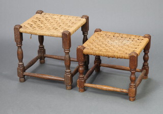 An oak stool with woven rush seat 36cm h x 34cm w x 31cm d and 1 other 28cm x 34cm x 31cm (2) 