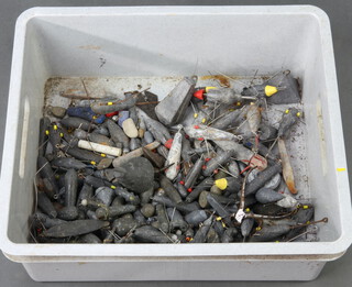 A collection of approx. 200 fishing weights in a grey plastic box 