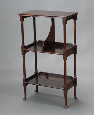 An Edwardian rectangular mahogany 3 tier what-not on turned supports 86cm h x 48cm w x 26cm d 