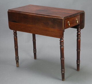 A 19th Century mahogany Pembroke table fitted a drawer, raised on ring turned supports 73cm h x 80cm x 39cm (damage to rule joint and ring mark to top) 