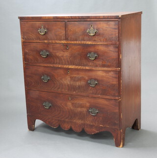 A 19th Century mahogany chest of 2 short and 3 long drawers with replacement brass swan neck drop handles, raised on bracket feet 101cm h x 92cm w x 46cm d (sun bleached, some veneers missing in places) 