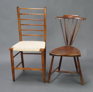 An Edwardian beech stick and bar back chair with shield shaped seat, raised on turned supports 75cm h x 42cm w x 36cm d (frame loose) together with an Edwardian beech ladder back bedroom chair with woven seat 86cm h x 42cm w x 26cm 
