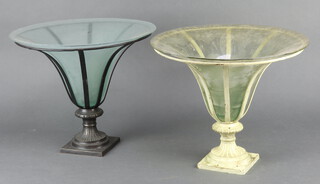 Two Victorian style glass bowls, raised on pierced urn shaped iron stands 32cm h x 18cm 
