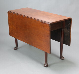A Georgian mahogany padfoot dining table on club supports 69cm h x 107cm l x 42cm w (split to top, some damage to rule joints and ring marks to top) 