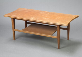 A mid Century rectangular teak 2 tier coffee table 35cm h x 91cm l x 41cm w (small section of veneer missing to the top, water stains in places) 