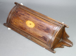 A 19th Century inlaid mahogany bow front hanging corner cabinet 110cm h x 29cm w x 29cm d (missing 2 finials to the top) 