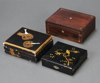 A Chinese rectangular black lacquered box decorated fans with tray to interior 9cm h x 24cm w x 21cm d, 1 other decorated birds 6cm x 20cm x 20cm and a Victorian inlaid rosewood trinket box with hinged lid 10cm x 28cm x 20cm (hinge f, all boxes require some attention) 

