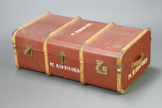 A wooden and fibre bound cabin trunk 32cm h x 90cm w x 50cm d 