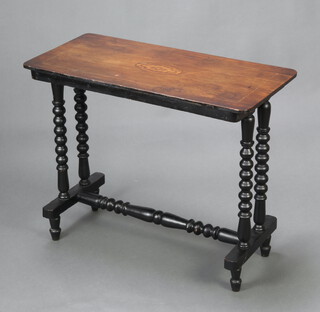 A Victorian inlaid mahogany rectangular stretcher table raised on turned supports with H framed stretcher 67cm h x 83cm w x 40cm d  