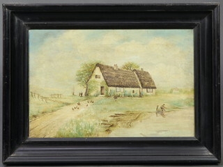 A 19th Century print on canvas, study of a thatched cottage with a figure fishing 29cm x 36cm, contained in an ebonised frame 