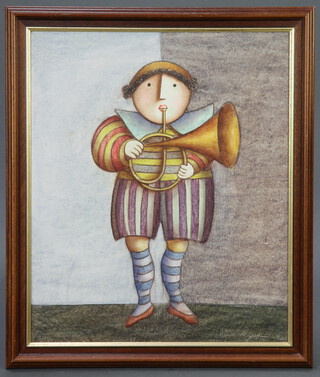 J Royeal, impressionist oil on canvas of a standing French horn player 60cm x 50cm 
