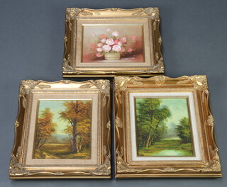 Robert Cox, still life oil on canvas, study of a vase of roses 19cm x 25cm together with a pair of paintings on canvas studies of rural figures with trees 25cm x 19cm 