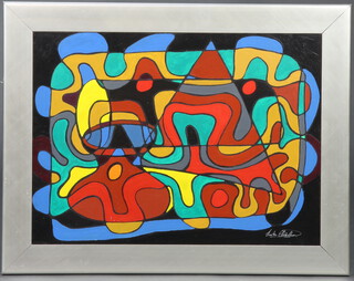 Mike Cheetham, oil on board, modern art study, 43cm x 57cm, contained in a silver frame 