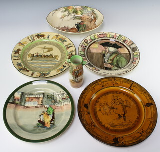 A Royal Doulton Series Ware vase Bill Sykes 13cm, ditto dish Under The Greenwood Tree 27cm, a lady knitting 24cm, Bayeux 26cm (chipped), The Doctor 26cm and Goeth Before 27cm 
