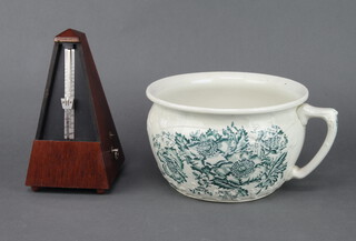 A Willner metronome and a green and white chamber pot and a mother of pearl and ostrich feather fan (7 sticks damaged) together with a pierced ivory fan (damaged) 