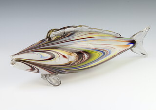 A Continental glass figure of a fish 53cm and a collection of green glass elephants and other glass ornaments