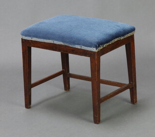 A 19th Century rectangular mahogany stool with overstuffed seat raised on square tapered supports 36cm x 41cm x 32cm (1 stretcher missing) 