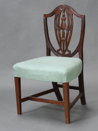 A 19th Century mahogany Hepplewhite style shield back back dining chair with overstuffed seat, on square tapered supports 89cm h x 51cm w x 43cm d (seat 36cm x 30cm, frame is loose) 
