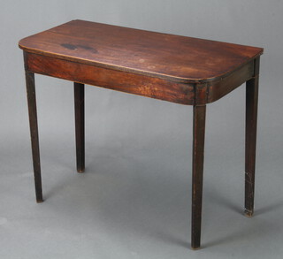 A 19th Century mahogany D shaped tea table raised on square supports 72cm h x 92cm w x 45cm (signs of old but treated worm to the back, flap missing) 