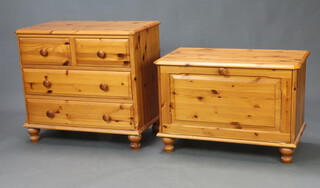 A pine chest of 2 short and 2 long drawers, raised on bun feet 71cm h x 79cm w x 45cm d together with a pine coffer with fall front and hinged lid on bun feet 54cm h x 79cm w x 44cm d (contact marks to both) 