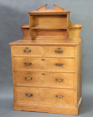 A Victorian ash chest, the raised back with superstructure with shelf above 2 short and 3 long drawers with brass drop handles, raised on a platform base 165cm h x 106cm w x 50cm d (contact and ring marks to the top)