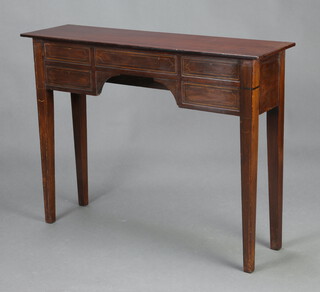 A Georgian style inlaid mahogany side table fitted dummy drawers, raised on square supports 73cm h x 95cm w x 27cm d 