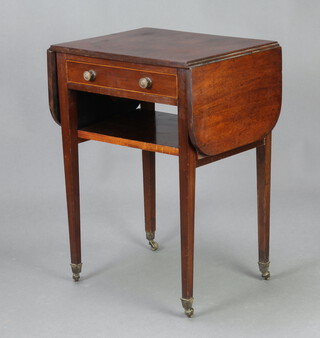 A 19th Century miniature mahogany sofa table fitted a drawer, raised on square tapered supports brass caps and casters 71cm h x 50cm w x 41cm d (ring marks and ink stains to the top, additional undertier later added) 