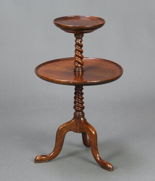 A Georgian style circular mahogany 2 tier dumb waiter, raised on a pillar and tripod base 61cm h x 36cm diam. 
